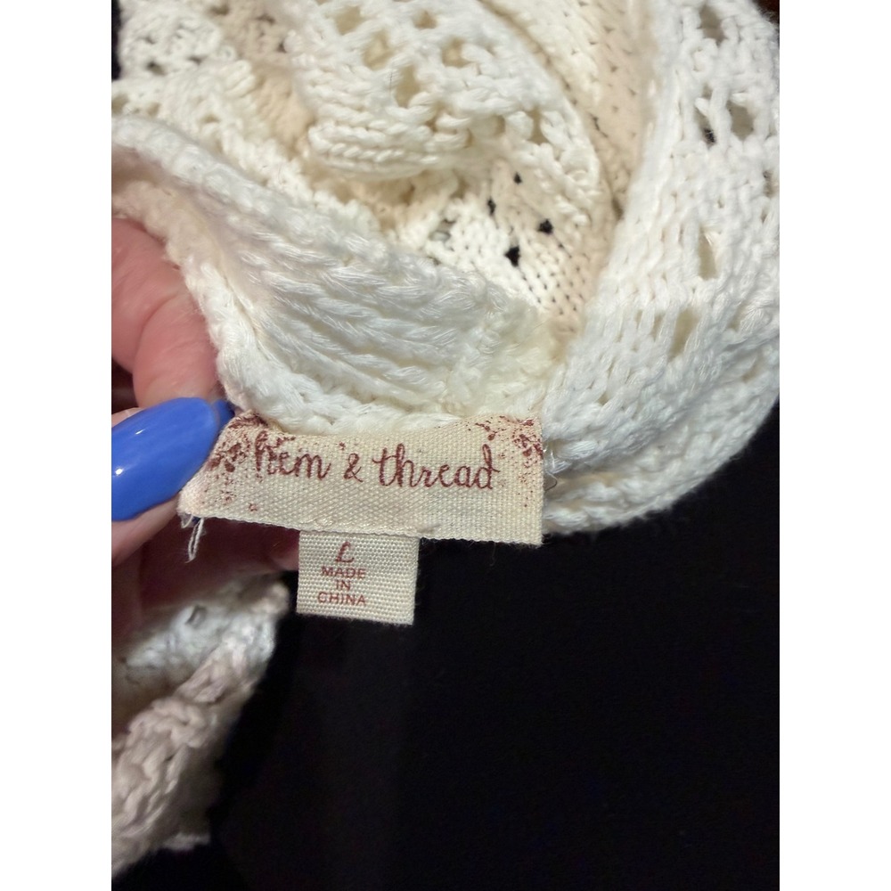 Hem & Thread White Pointelle Knit Short Sleeve Button Front Cardigan Sweater L - Picture 5 of 8